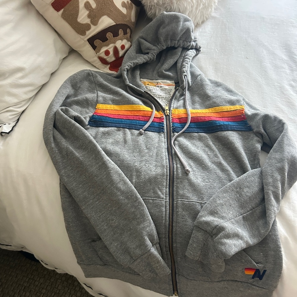 Aviator Nation Gray Zip Hoodie with Yellow Pink Blue Stripe